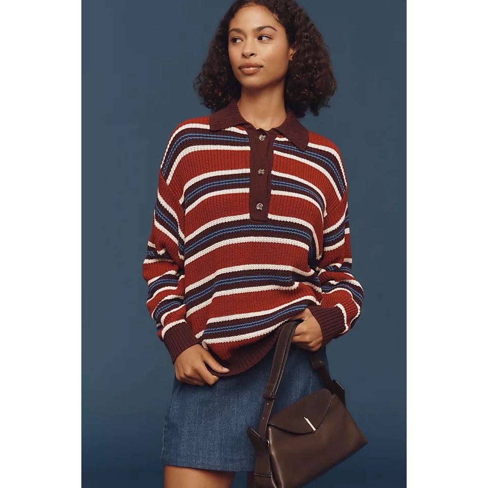 DAMSON MADDER Ilona Rugby Knit Sweater in Red Maroon Blue White Stripe Jumper - Picture 2 of 11